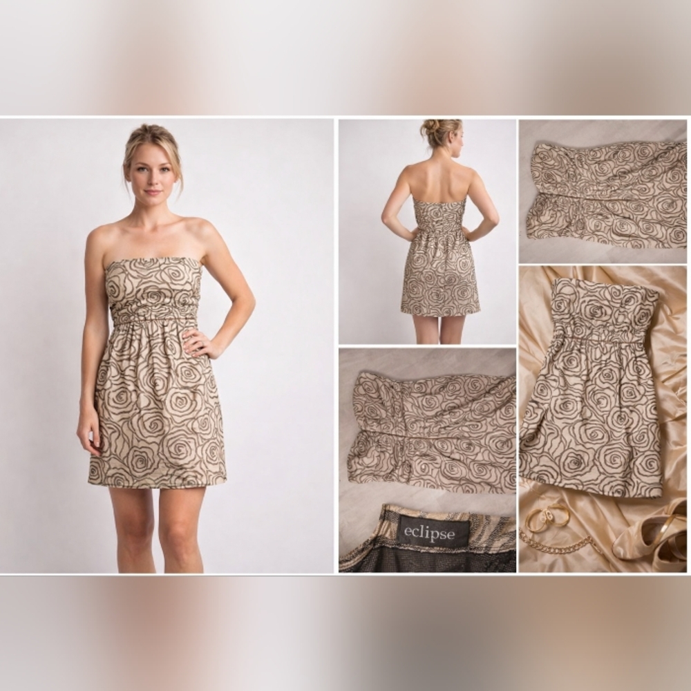 Eclipse Strapless Beige Dress with Dark Rose Print
